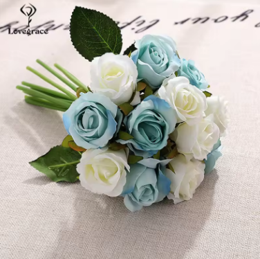 12 Heads Wedding Bouquet White Green Rose Artificial Bridal Bouquet Blue Wedding Accessories Bridesmaids Flower Mariage Supplies