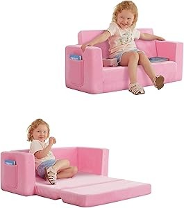 Nestle Kids Sofa in Pink, 2-in-1 Kids Sofa Couch, Convertible Sofa to Lounger, Low to Floor Design, Machine Washable Fabric Cover