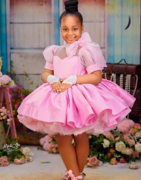 Pink Ball Gown Flower Girl Dresses Customized Tulle Tiered Ruffles Children Birthday Party Gowns High Neck Kids Wedding Dress