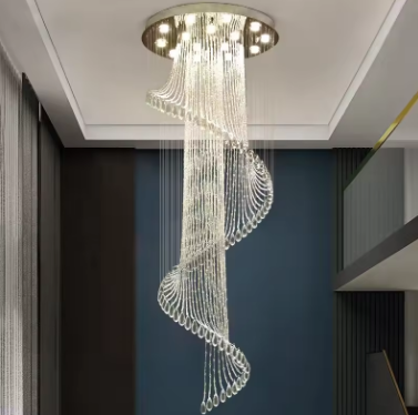 New Round Duplex Staircase Rotating Chandelier Modern Minimalist Villa Luxury Hotel Hollowed Out Long Crystal Lamp