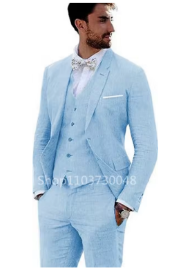 High Quality 3 Piece Beige/Blue Linen Men Suits Casual Single Breasted Slim Fit Blazer Vest Pants Notch Lapel Costume Homme Sets