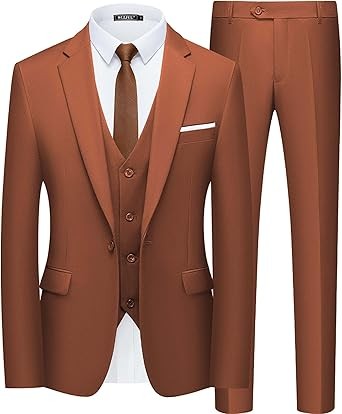 WULFUL Men’s Slim Fit Suit One Button 3-Piece Blazer Dress Business Wedding Party Jacket Vest & Pant