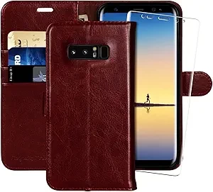 MONASAY Wallet Case Compatible for Galaxy Note 8, 6.3 inch, [Screen Protector Included][RFID Blocking] Flip Folio Leather Cell Phone Cover with Credit Card Holder, Burgundy