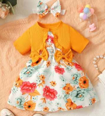 0-2 Year Old Newborn Baby Girl Printed Round Neck Short Sleeved Bow Headband Casual Fake Coat Dress