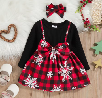 0-3 year old new baby girl spring and autumn cute snowflake printed long sleeved plaid dress
