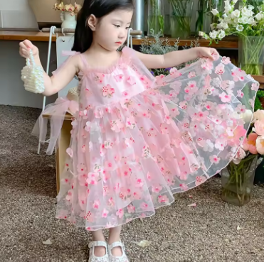 (0-3 Years Old) Summer Baby Girl Wearing Petal Suspender Princess Dress, Girl Mesh Birthday Party Dress