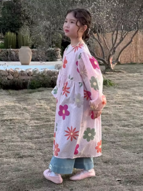 2025 Spring Children Girls Princess Long Dress Cotton Rainbow Flower Infant Baby Girl Dress Loose Round Collar Kid Girl Vestidos