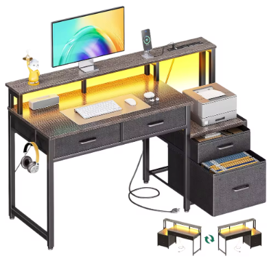 48-Inch Computer Desk with Fabric File Cabinet and Fabric Drawers, Reversible Office Desk with LED Strip and Power Strip, Gaming