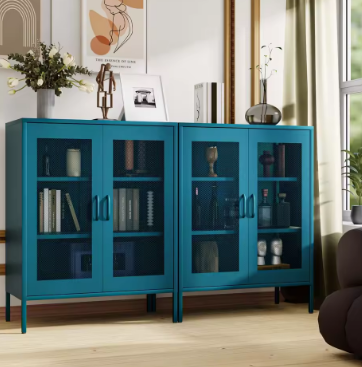 Blue Metal Storage Cabinet with Mesh Doors, Small Office Cabinet, Accent Metal Locker for Home, Office, Living Room, Hallway