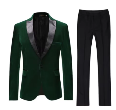 2 Piece Men's Green Velvet Suit Peak Lapel One Button Blazer Wedding Groom Tuxedos Pants Jacket for Party Prom